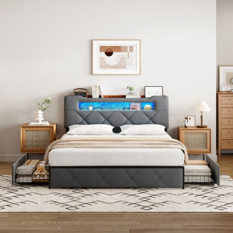 Bett 160x200 cm mit 4 Schubladen, USB-Ladung & LED-Beleuchtung - inkl. Lattenrost, Samt-Optik, grau