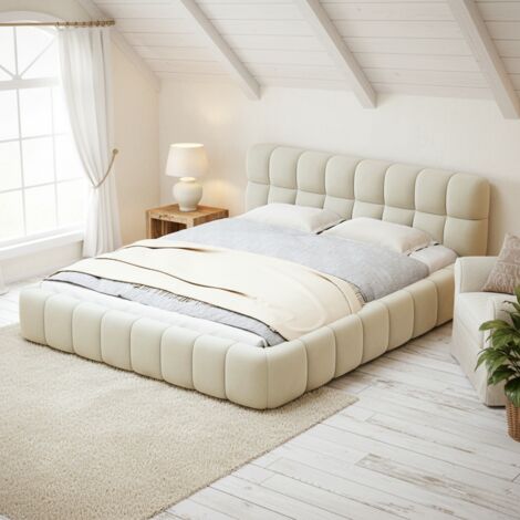 Doppelbett Polsterbett 140x200 cm - mit weicher Rückenlehne, Bettrahmen, Lattenrost, Kopfteil, skandinavischer Stil - Beige