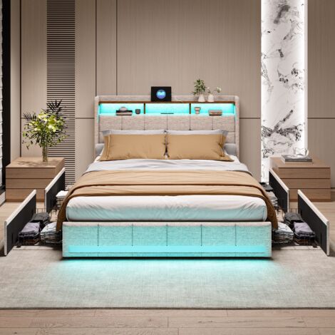 Doppelbett mit Schubladen 180x200 cm – Mit LED-beleuchtetem Kopfteil, 4 Schubladen und 2 USB-Ladeanschlüssen, Lattenrost, Leinen – Beige