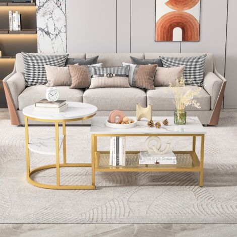 Lot de 2 Tables Basses Gigognes Scandinaves - Table d'Appoint Imprimée Marbre - Cadre en Métal Noir, Repose-pieds Réglables,Table basse rectangulaire - Jaune