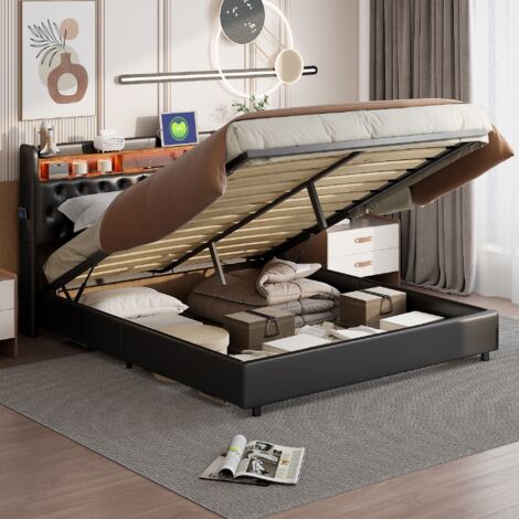 Polsterbett mit Stauraum 180x200 cm – Doppelbett mit Lattenrost, Kopfteil mit Knopfdekoration, LED-Beleuchtung, Stauraum, Metallbettgestell – Schwarz (1/5)