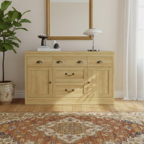 Sideboard Holz 135 cm, Küchenbuffet mit 5 Schubladen und 2 Türen – Metallgriffe, Großer Stauraum, in Holzoptik – Ländlicher Stil, Natur
