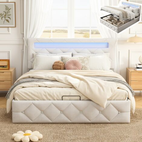 Lit coffre 140x200cm avec rangement, avec tête de lit LED sommier à lattes, lit hydraulique, sommier à lattes, base de métal, lit double style Scandinave, Beige