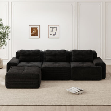 Modulare 3-Sitzer Couch - Cordvelours, Ecksofa mit Hocker, weicher Komfort ohne starres Gestell - Schwarz