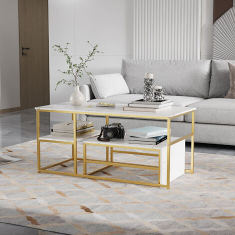 Couchtisch – Feststehender Tisch mit Metallgestell, Marmorplatte, Stauraum, geeignet für Wohnzimmer und Schlafzimmer, durchdachtes Design – Goldfarben (1/5)