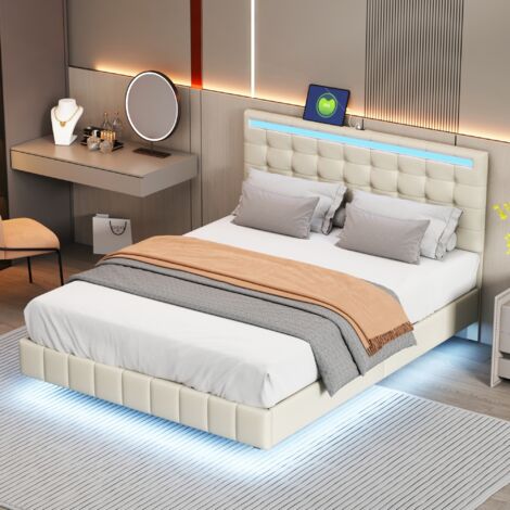 Doppelbett Polsterbett 140x200 cm, Schwebebett mit LED und 2 USB-Anschlüssen, verstellbares Kopfteil, Lattenrost, Stoff, Beige