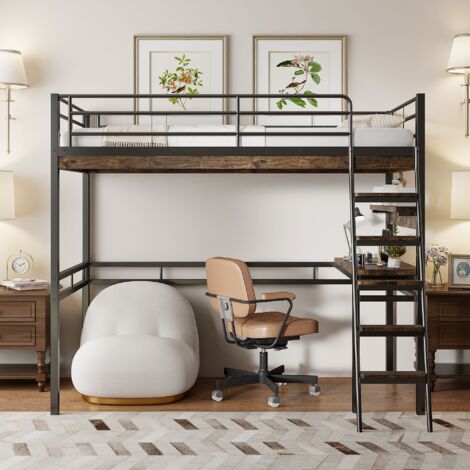Hochbett 90x200 cm, Bett mit Schreibtisch, Aufbewahrungsregalen, Sicherheitsgitter, Treppe, Eisenkonstruktion, Metallbettgestell, Kinderhochbett - Schwarz