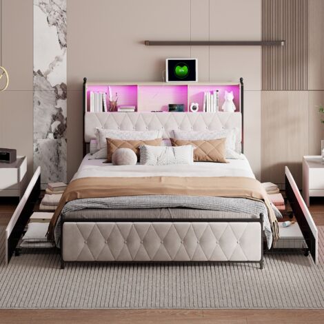 Betten mit Bettkästen 180 x 200 cm, Kopfteil mit USB/Typ-C-Ladeanschluss und LED-Beleuchtung, Doppelbett mit 4 Schubladen, Lattenrost, Beige