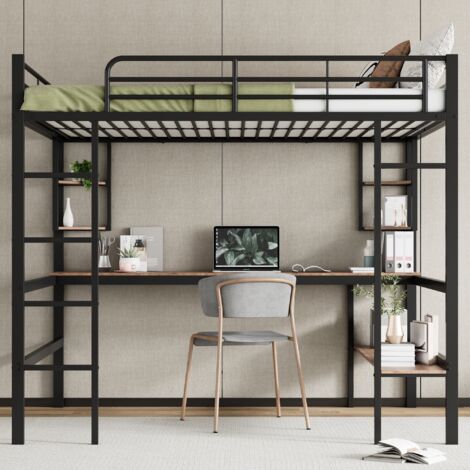 Lit mezzanine enfant 140x200cm, avec bureau et 4 petites étagères, 1 cloison pour rangement, escalier, cadre de lit en métal, lit ado style industriel, Noir