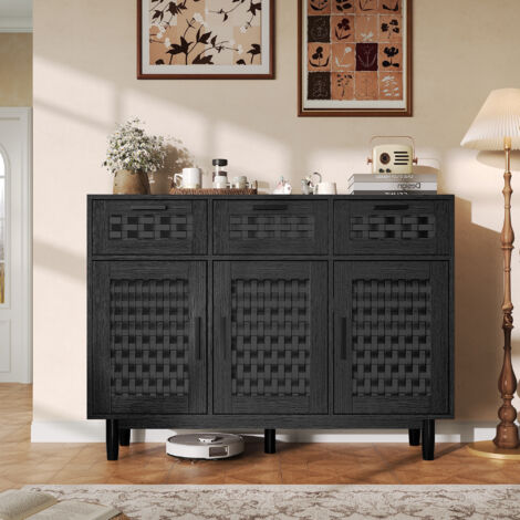 Schwarzes Sideboard aus Massivholz-Rattan – 3 Türen und 3 Schubladen – nordischer Stil, geeignet für Wohn- und Schlafzimmer