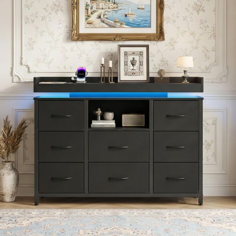 Kommode mit 8 Schubladen – Schlafzimmerkommode mit RGB-LED-Leiste und integrierten USB-Anschlüssen, Metallgestell – scandinave, Schwarz