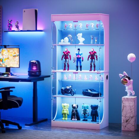 Glasvitrine, Sammelvitrine mit LED und intelligentem Sensor - 4 Ebenen, staubdicht - modernes Design, Weiß
