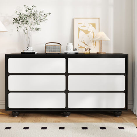 Kommode mit 6 eleganten Schubladen, grifflos, schwarzen Füßen, modernes Design für Schlafzimmer und Wohnzimmer, 140x38x74 cm, Schwarz