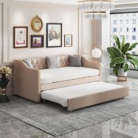 Gästebetten 90x200cm, Ausziehbares Lattenrost-Polstersofa, Lattenrost, Multifunktionales Ausziehbett, Leinen, Modern - Beige