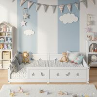 Hausbetten 120x200 cm, Einzelbett mit Sicherheitsgitter, mit Lattenrost, Massivholz, modernes Design, Weiß