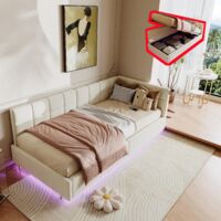 Bettkasten 90x200 cm, Einzelbett mit integrierter LED-Beleuchtung, USB- und Type-C-Anschlüssen, Holzplattenrost, 1-Personen, modern, Samt, Creme