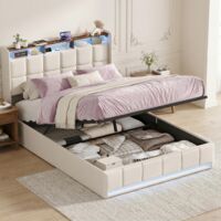 Bett mit Bettkasten 140x200 cm, Doppelbett mit LED und USB – mit Lattenrost, Leinenstoff, skandinavisches Design, Bett mit Stauraum – Beige
