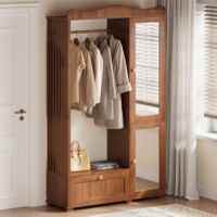 Kleiderschrank mit Spiegel und Kleiderstange - kompakter 2-türiger Schrank mit Schubladen, platzsparendes Design (115x38x194 cm) - Braun
