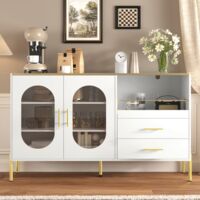 Kommode 140 cm, elegantes Sideboard mit 2 Schubladen und 2 Glastüren mit goldfarbenen Griffen, bietet viel Stauraum, modern, Weiß