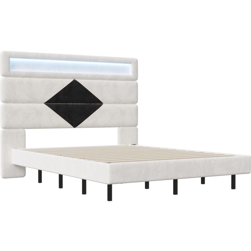 Letto Matrimoniale 140x200 In Metallo Con LED RGB, Multipresa (2AC+2USB), Testiera Imbottita E Contenitore