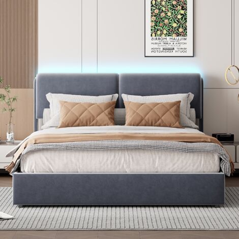 Letto Imbottito Matrimoniale 140x200 Cm Con Rete A Doghe E Testiera - Struttura In Metallo E Velluto Grigio, Design Anti-collisione, Portata 300 Kg, Senza Materasso - 5