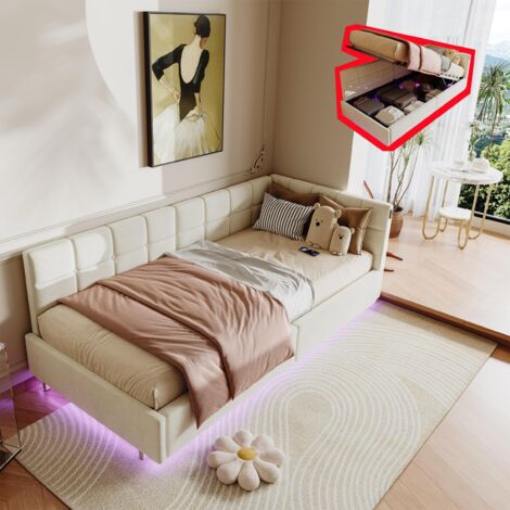 Letto contenitore 90x200 cm, letto singolo con illuminazione a LED integrata, porte USB e Type-C, base con pannello in legno, singolo, moderno, velluto, crema