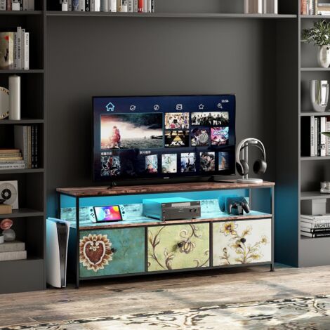 Mobile TV 108 cm - con 3 cassetti, Mobile TV con illuminazione a LED, Struttura in ferro, Piedini regolabili in altezza, Mobile TV con motivo vintage - Marrone