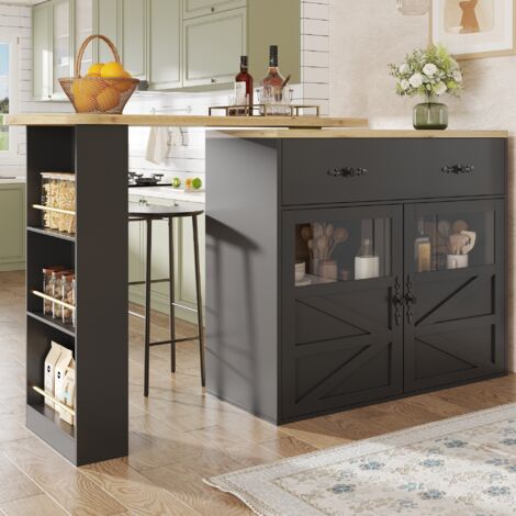 Mobile bar, Tavolo da bar con isola centrale con anta in vetro e ampio cassetto, numerosi vani portaoggetti, tavolo da bar estensibile, 138-204 × 39 × 104 cm, Nero