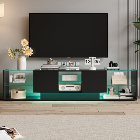 Mobile TV 200 cm, Mobile TV con 2 cassetti e illuminazione a LED, ripiani in vetro, ampio spazio di archiviazione, design moderno, Nero (1/5)
