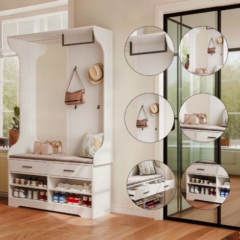 Set di mobili da ingresso da 180 cm, cassettiera 6 in 1 con specchio, scarpiera, cassetti, ripiani, ganci, design, bianco