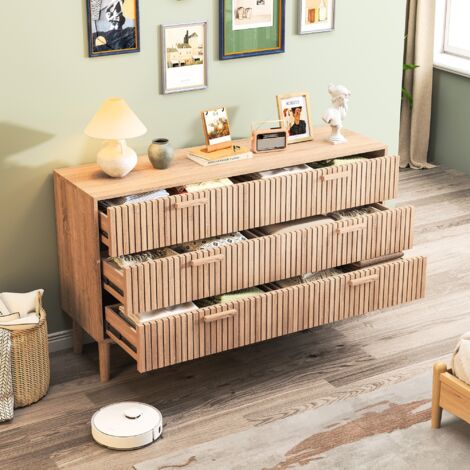 Cassettiere 100 cm, credenza con 3 cassetti e maniglie in legno, mobile contenitore - adatto per soggiorno, camera da letto, naturale