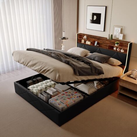 Letto matrimoniale contenitore 160x200 cm, testiera a rombi con striscia luminosa a LED integrata e porta USB, rete a doghe in legno, PU, stile nordico, Nero