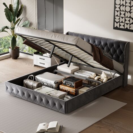 Letto contenitore 140x200 cm, letto matrimoniale con rete a doghe, testiera con rivetti, contenitore, velluto, design moderno, Grigio scuro (1/5)