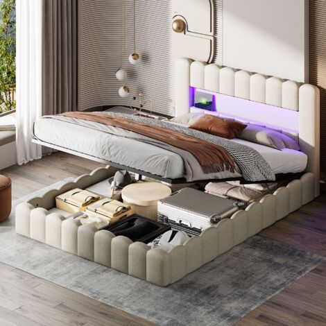Letto contenitore imbottito 180x200cm - biancheria, porte di ricarica USB e Type-C, illuminazione LED della testiera, rete a doghe, contenitore idraulico, stile scandinavo - Beige