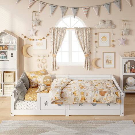Letto a soppalco per bambini 140x200 cm, letto singolo con sponda di sicurezza, con rete a doghe, legno massello, design moderno, bianco