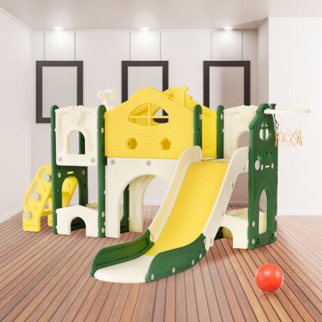 Aree gioco 7 in 1 - Parco giochi in cortile con 1 scivolo, passerella, scale, telescopio, supporto per pallacanestro, giochi per bambini Dream City - Verde