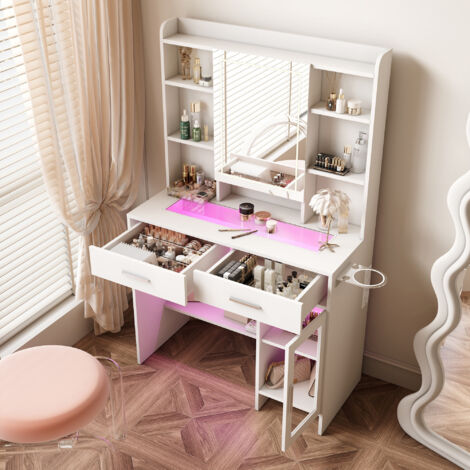 Elegante toletta - Tavolo da trucco con illuminazione a LED + grande specchio + 2 cassetti, contenitore, design - 89x40x145 cm - Bianco (senza sgabello)