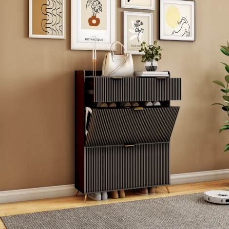 Scarpiera con cassetti e 2 ripiani, maniglie dorate, finitura a righe, design moderno, mobile da ingresso, nero
