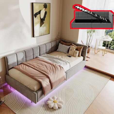 Letto contenitore 90x200 cm, letto singolo con illuminazione a LED integrata, porte USB e Type-C, base con pannello in legno, 1 posto, moderno, velluto, grigio