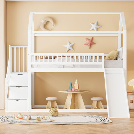 Letto a castello bambino 90x200 cm, letto con scivolo e scala con cassetti, barriera di sicurezza, rete a doghe in legno, design, legno massello, Bianco