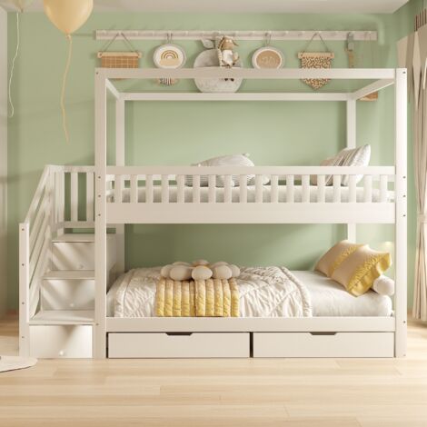 Strutture letto a castello 90x200 cm, letto per bambini con 2 cassetti, scaletta contenitore, sponde alte, Bianco