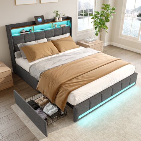 Letto matrimoniale 140x200cm, con testiera illuminata a LED, 4 cassetti e 2 porte di ricarica USB, rete a doghe, Letto matrimoniale imbottito, lino, Grigio