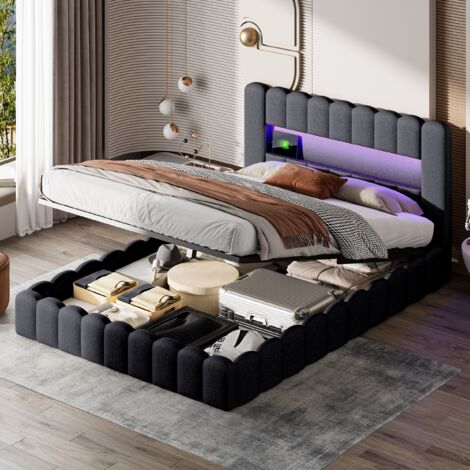 Letto matrimoniale imbottito 140x200 cm - lino, con porta di ricarica USB e Type-C, testiera con illuminazione a LED, rete a doghe, contenitore idraulico, letto per adulti in stile scandinavo - grigio
