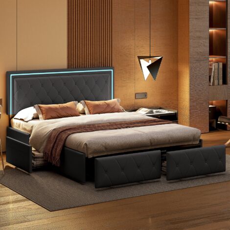 Letto con cassetti 140x200 cm, similpelle, Letto matrimoniale con 4 cassetti, decorazione rivetti, testiera con illuminazione LED, rete a doghe, base in metallo, Letto per adulti scandinavo - Grigio
