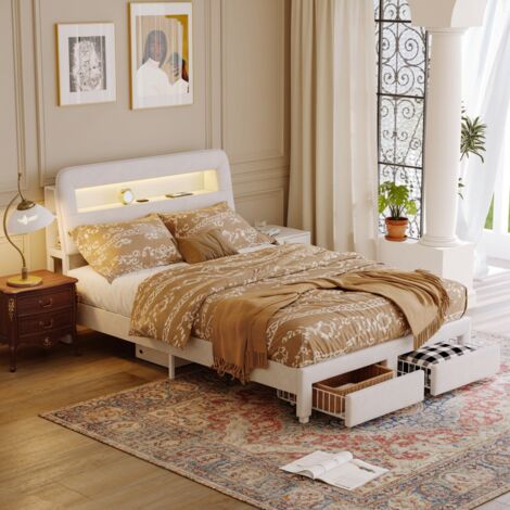 Letto contenitore 160x200 cm, letto matrimoniale con due cassetti, illuminazione LED integrata, rete a doghe, rivestimento in velluto, stile design, Bianco
