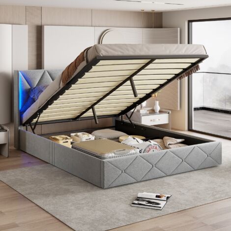 Letto contenitore imbottito 160x200cm, velluto, Letto matrimoniale con rete a doghe, testiera con decoro a rombi con illuminazione a LED, contenitore, giroletto, Letto per adulti - Grigio