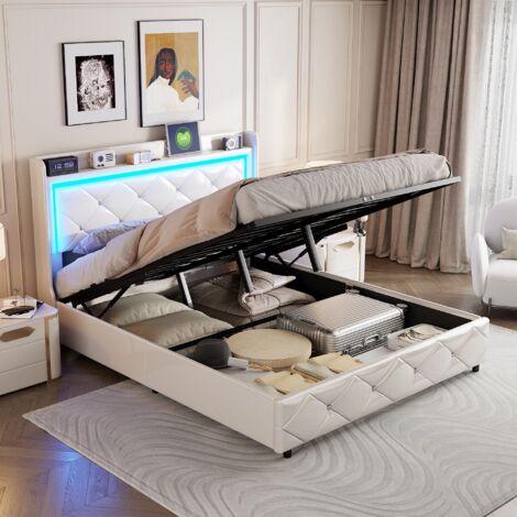 Letto contenitore 140x200 cm, letto matrimoniale con rete a doghe, testiera con decorazione a rombi, illuminazione a LED e porta di ricarica USB, similpelle, Bianco