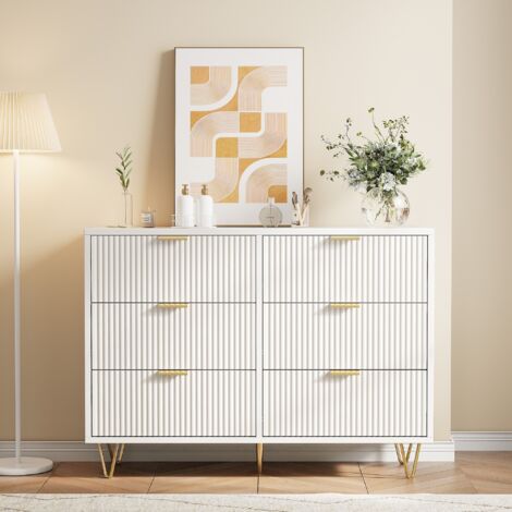 Cassettiera 100 cm, 6 cassetti in tessuto, 3 vani portaoggetti, maniglie in metallo, gambe dorate, design moderno - Bianco