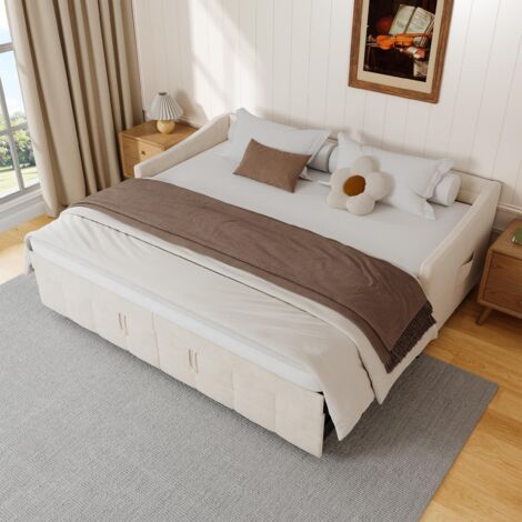 Letto estraibile 90x180/200 cm, divano letto imbottito estensibile con rete a doghe in legno, design moderno, 2 posti, velluto, Beige