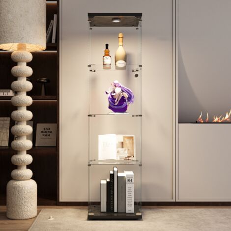 Vitrine en verre avec 4 étagères avec éclairage LED, cave à vin autoportante en verre trempé pour salon, cave à vin en verre trempé, bureau, noir